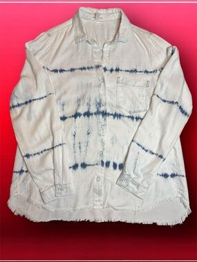Bella Dahl 100% Tencel White Button-Up Shirt Blue Tie-Dye Stripes L